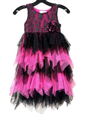 Popatu Girls Pink & Black Glitter Polka Dot Tulle Dress With Tiered Ruffles SZ 6